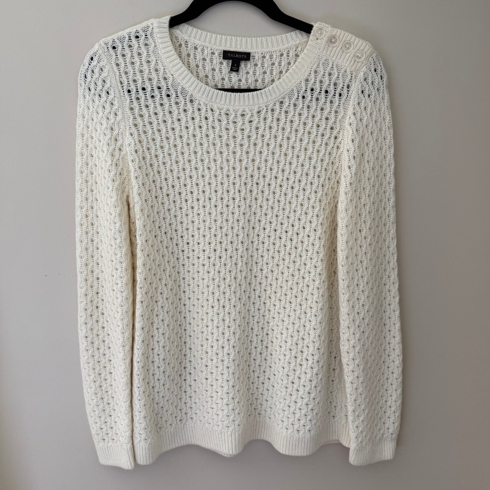 Talbots Womens Small Cream Pointelle Eyelet Button Shoulder Lambswool Sweater
